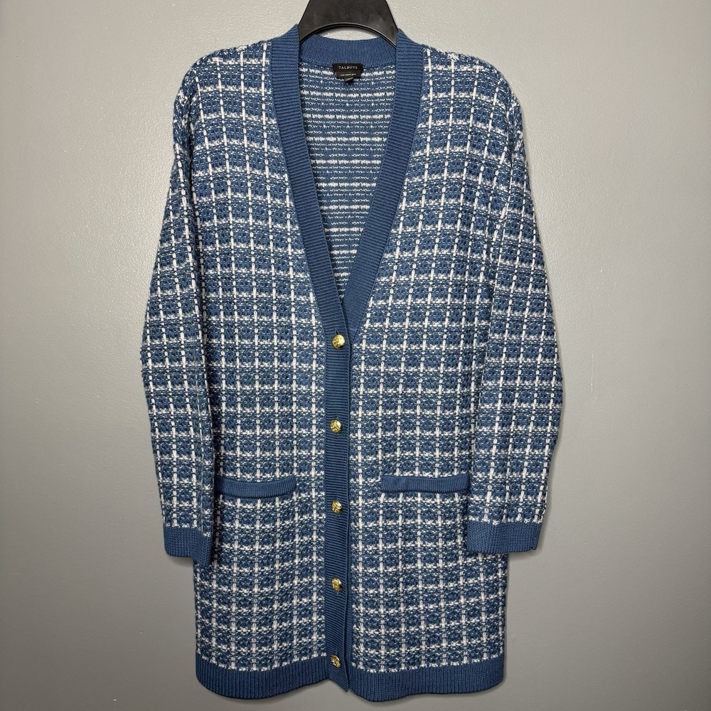 Talbots Womens Merino Wool V Cardigan M Blue Plaid Textured Old Money Preppy